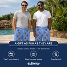 Friends in matching Men's Iron Icons Custom Face Beach Shorts — a group gift photo
