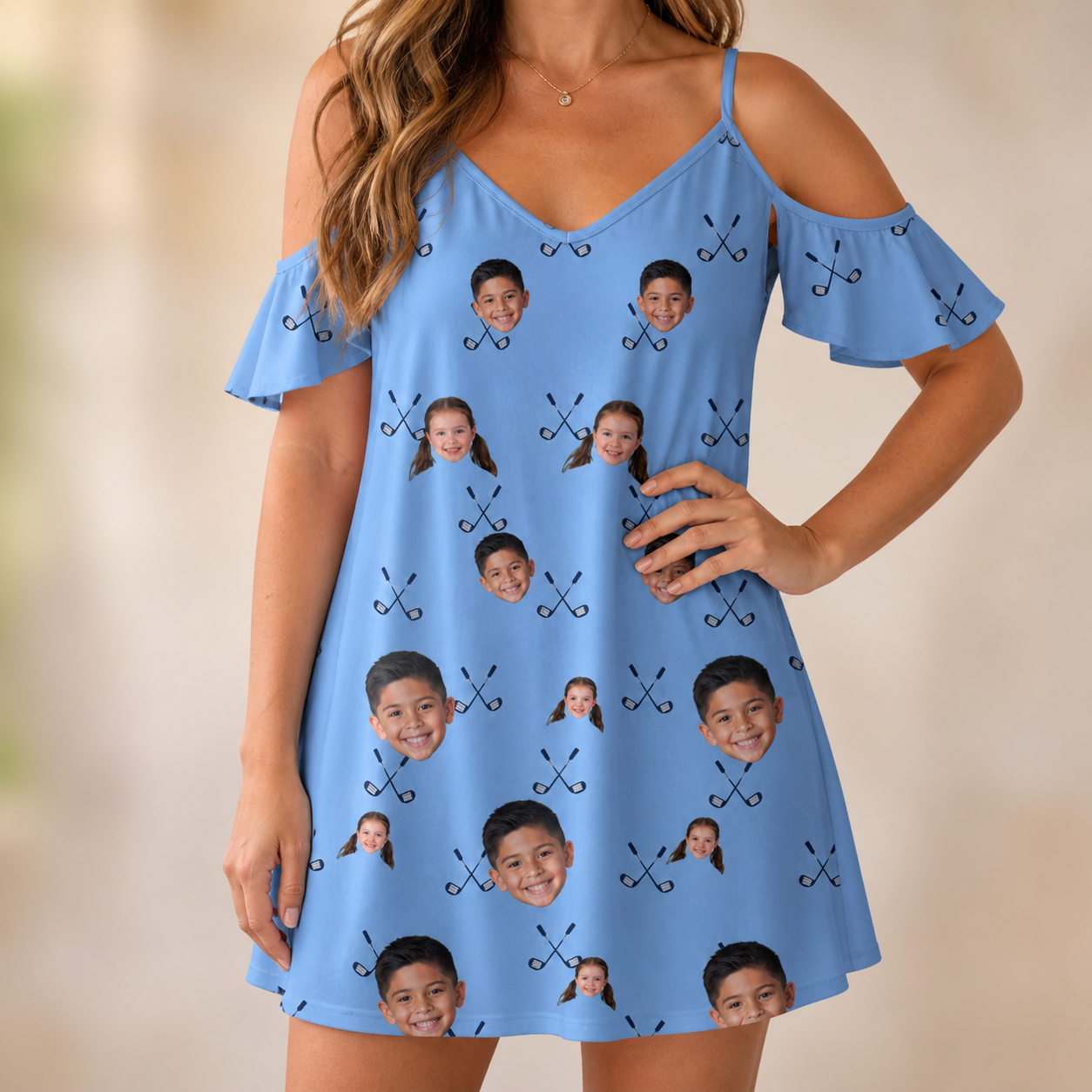 Model wearing Women's Iron Icons Custom Face Off-Shoulder Dress printed with kids' faces