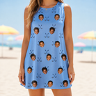Model wearing Women's Iron Icons Custom Face Tank Dress printed with kids' faces