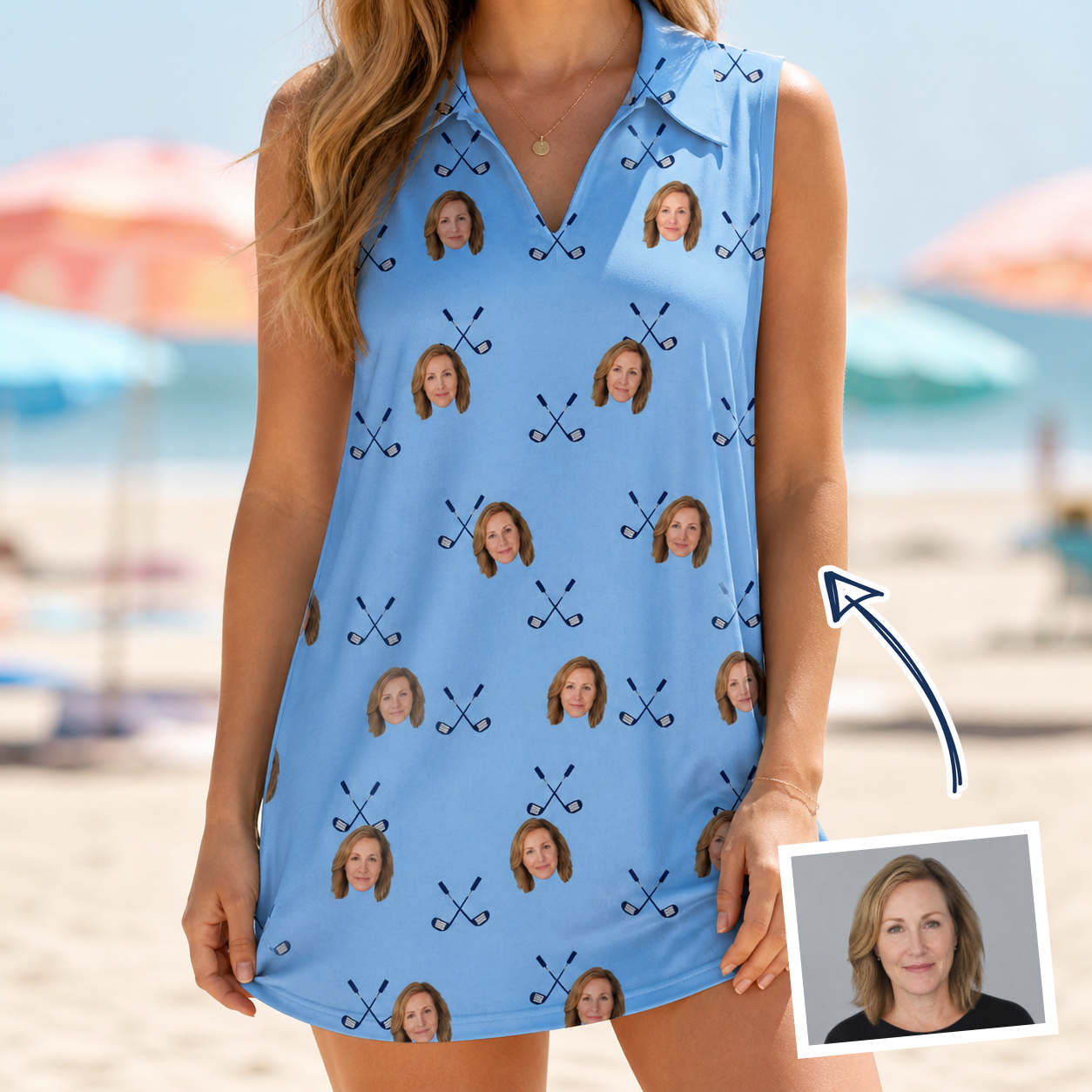 Woman wearing Women's Iron Icons Custom Face V-Neck Dress — custom faces printed all-over