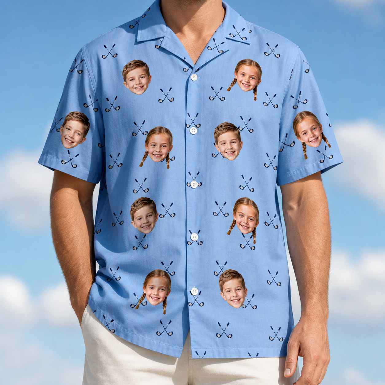 Model wearing Men's Iron Icons Custom Face Hawaiian Shirt printed with kids' faces