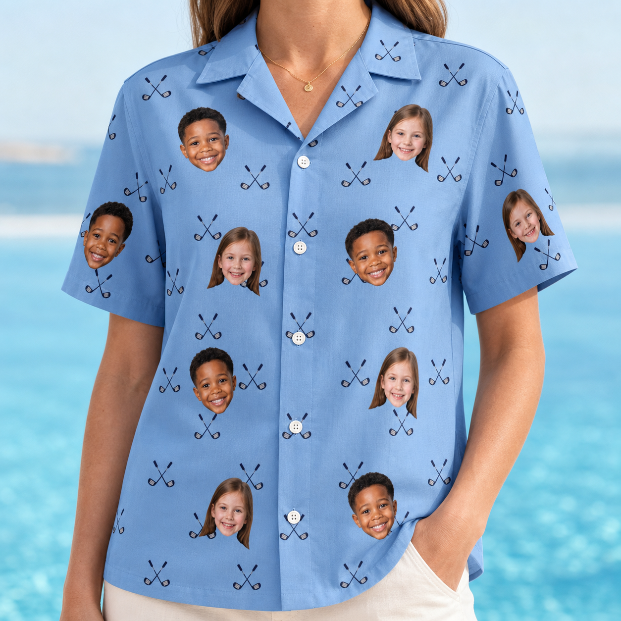 Model wearing Women's Iron Icons Custom Face Hawaiian Shirt printed with kids' faces