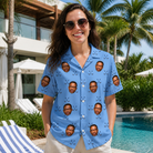 Real-life photo of someone wearing Women's Iron Icons Custom Face Hawaiian Shirt — custom faces printed all-over