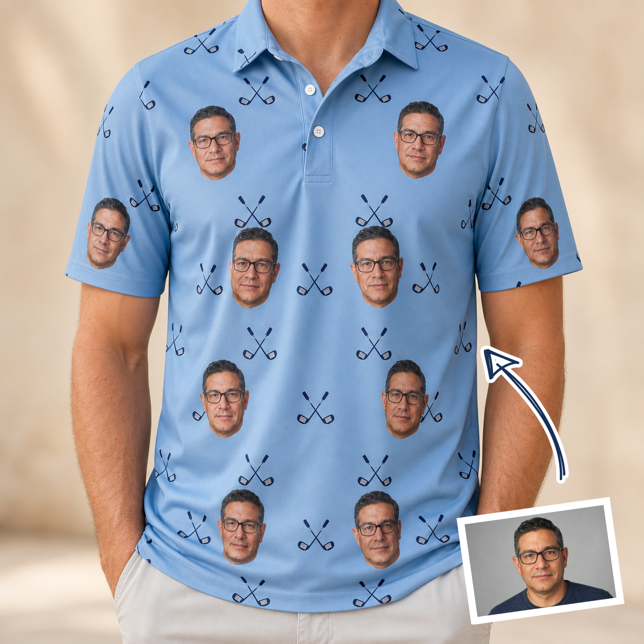 Man wearing Men's Iron Icons Custom Face Polo Shirt — custom faces printed all-over