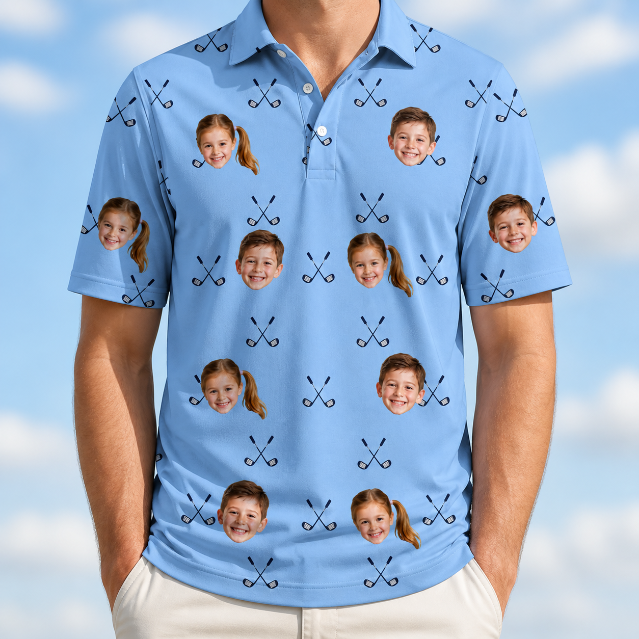 Model wearing Men's Iron Icons Custom Face Polo Shirt printed with kids' faces