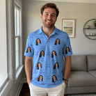 Real-life photo of someone wearing Men's Iron Icons Custom Face Polo Shirt — custom faces printed all-over