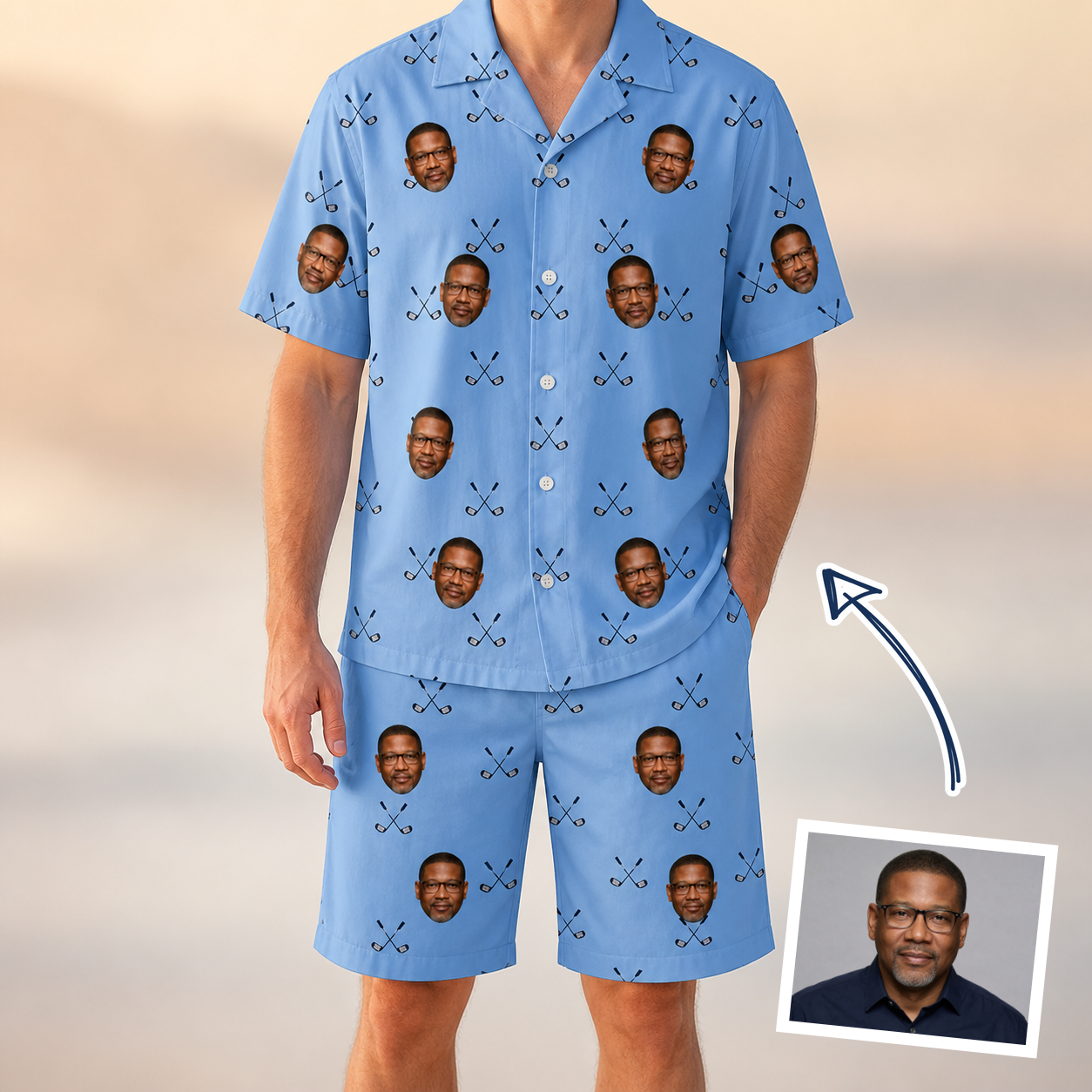 Man wearing Men's Iron Icons Custom Face Shirt & Shorts Set — custom faces printed all-over