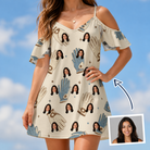 Woman wearing Women's Grip Happens Custom Face Off-Shoulder Dress — custom faces printed all-over