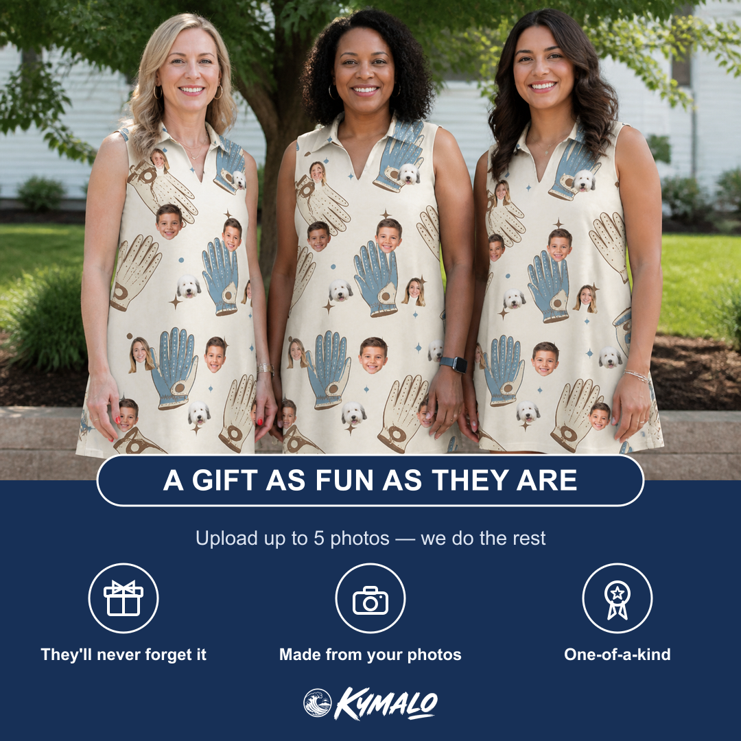 Friends in matching Women's Grip Happens Custom Face V-Neck Dress — a group gift photo