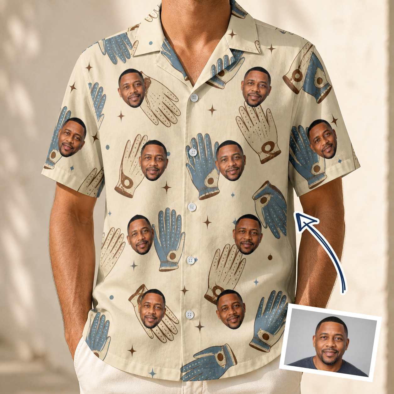 Man wearing Men's Grip Happens Custom Face Hawaiian Shirt — custom faces printed all-over