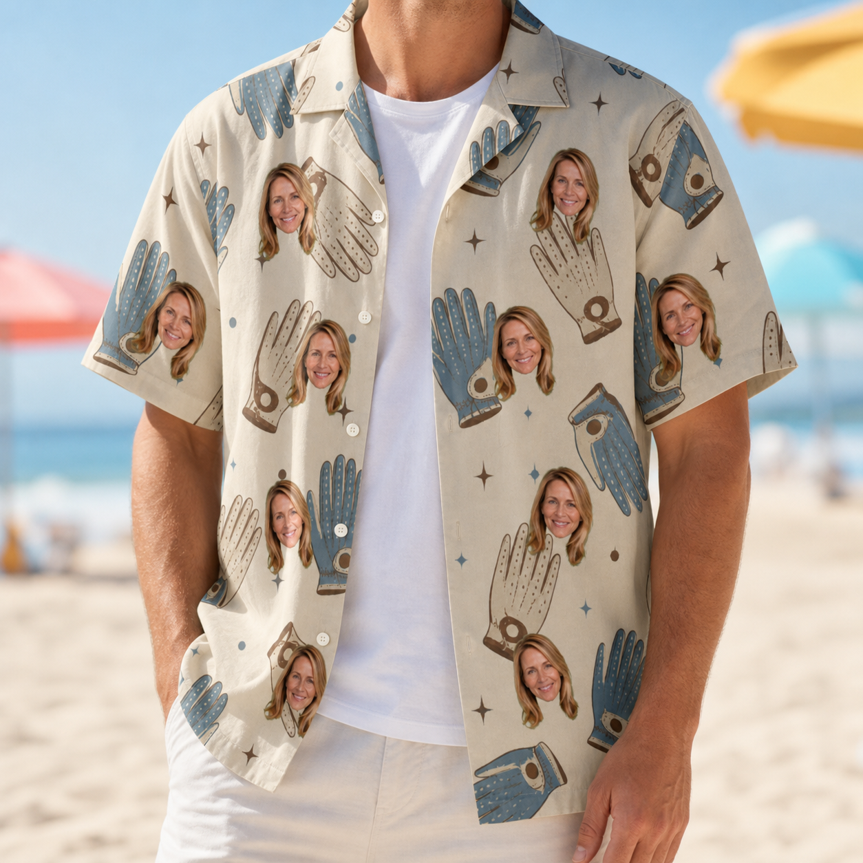 Man wearing Men's Grip Happens Custom Face Hawaiian Shirt open over a white tee