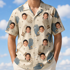 Model wearing Men's Grip Happens Custom Face Hawaiian Shirt printed with kids' faces