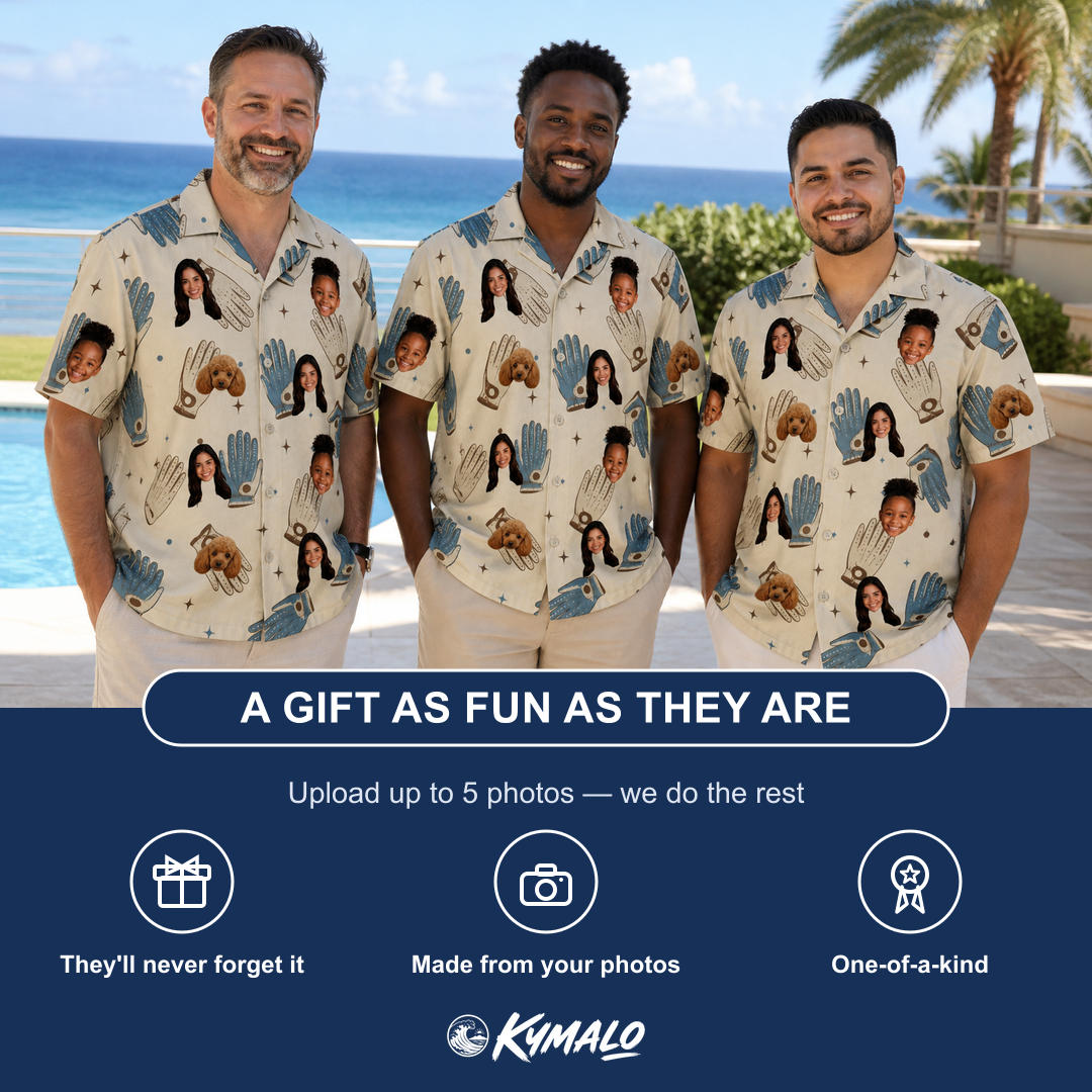 Friends in matching Men's Grip Happens Custom Face Hawaiian Shirt — a group gift photo