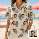 Woman wearing Women's Grip Happens Custom Face Hawaiian Shirt — custom faces printed all-over