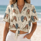 Woman wearing Women's Grip Happens Custom Face Hawaiian Shirt tied at the waist