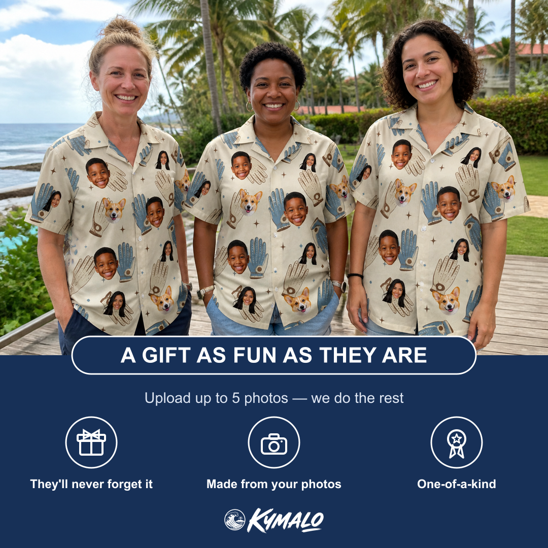 Friends in matching Women's Grip Happens Custom Face Hawaiian Shirt — a group gift photo