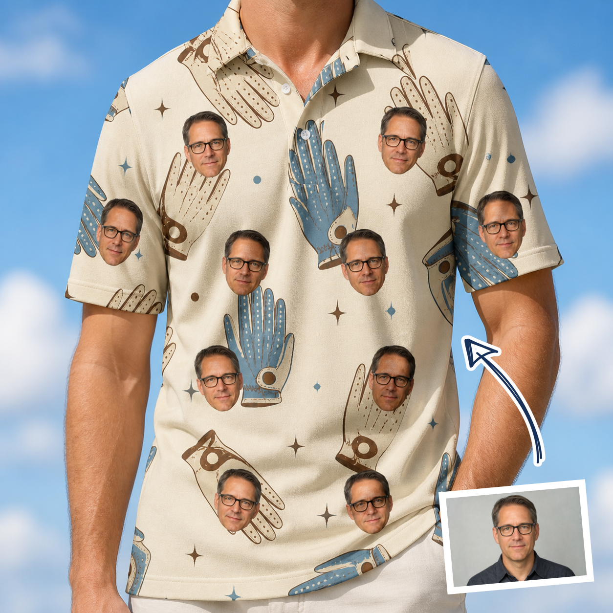 Man wearing Men's Grip Happens Custom Face Polo Shirt — custom faces printed all-over