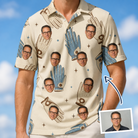Man wearing Men's Grip Happens Custom Face Polo Shirt — custom faces printed all-over