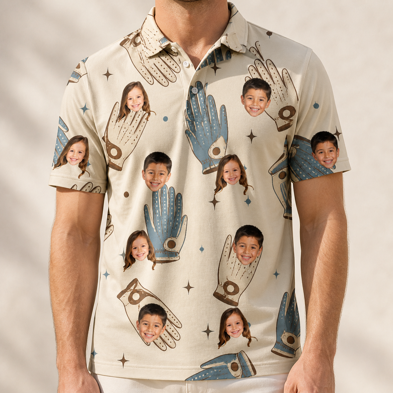 Model wearing Men's Grip Happens Custom Face Polo Shirt printed with kids' faces