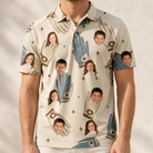 Model wearing Men's Grip Happens Custom Face Polo Shirt printed with kids' faces