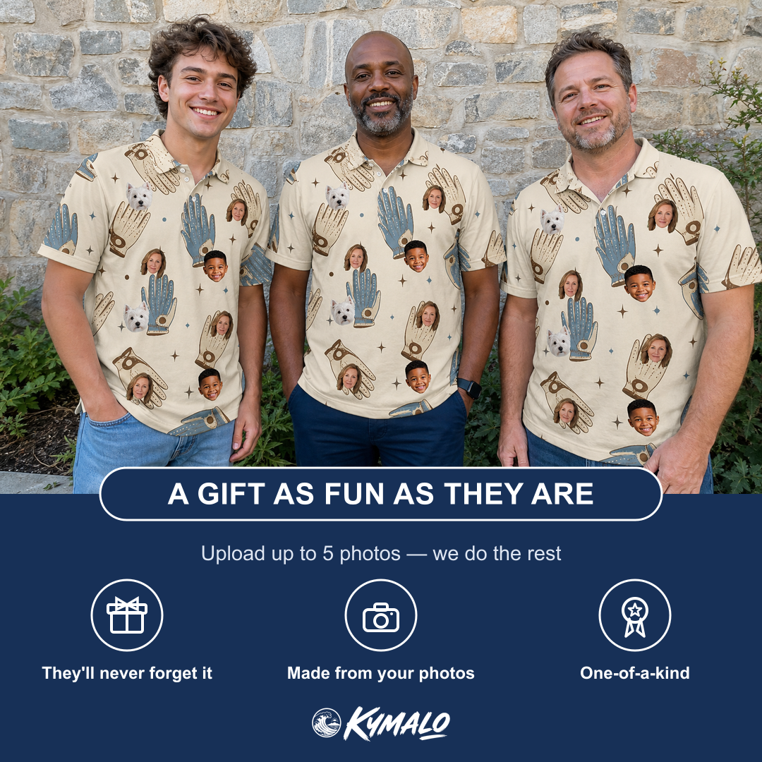 Friends in matching Men's Grip Happens Custom Face Polo Shirt — a group gift photo