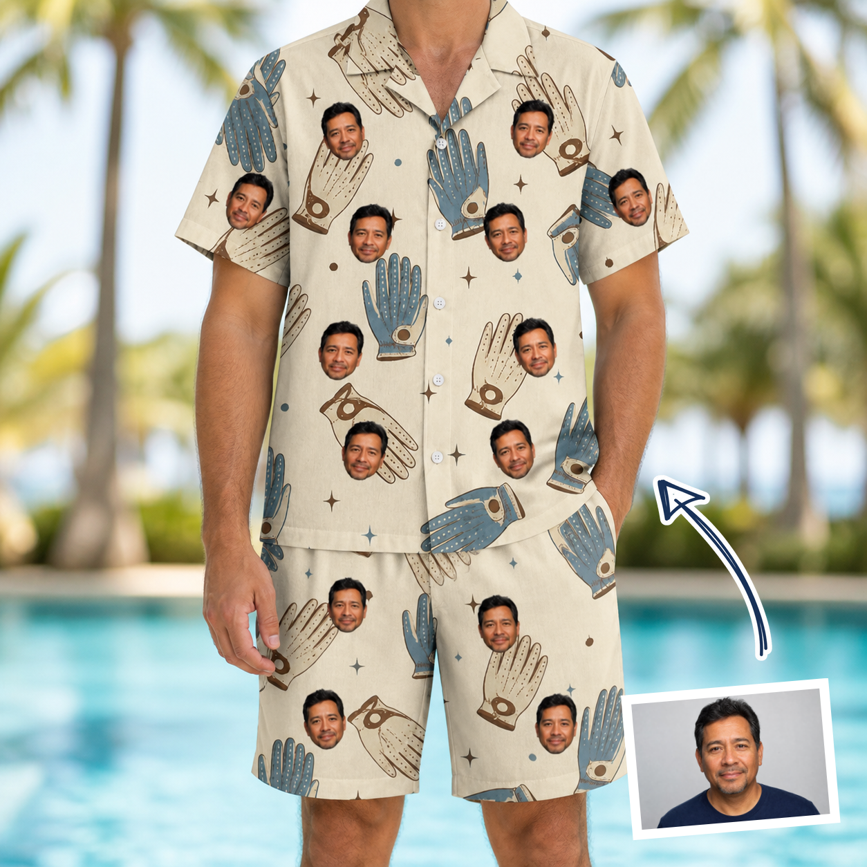 Man wearing Men's Grip Happens Custom Face Shirt & Shorts Set — custom faces printed all-over