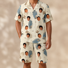 Model wearing Men's Grip Happens Custom Face Shirt & Shorts Set printed with kids' faces