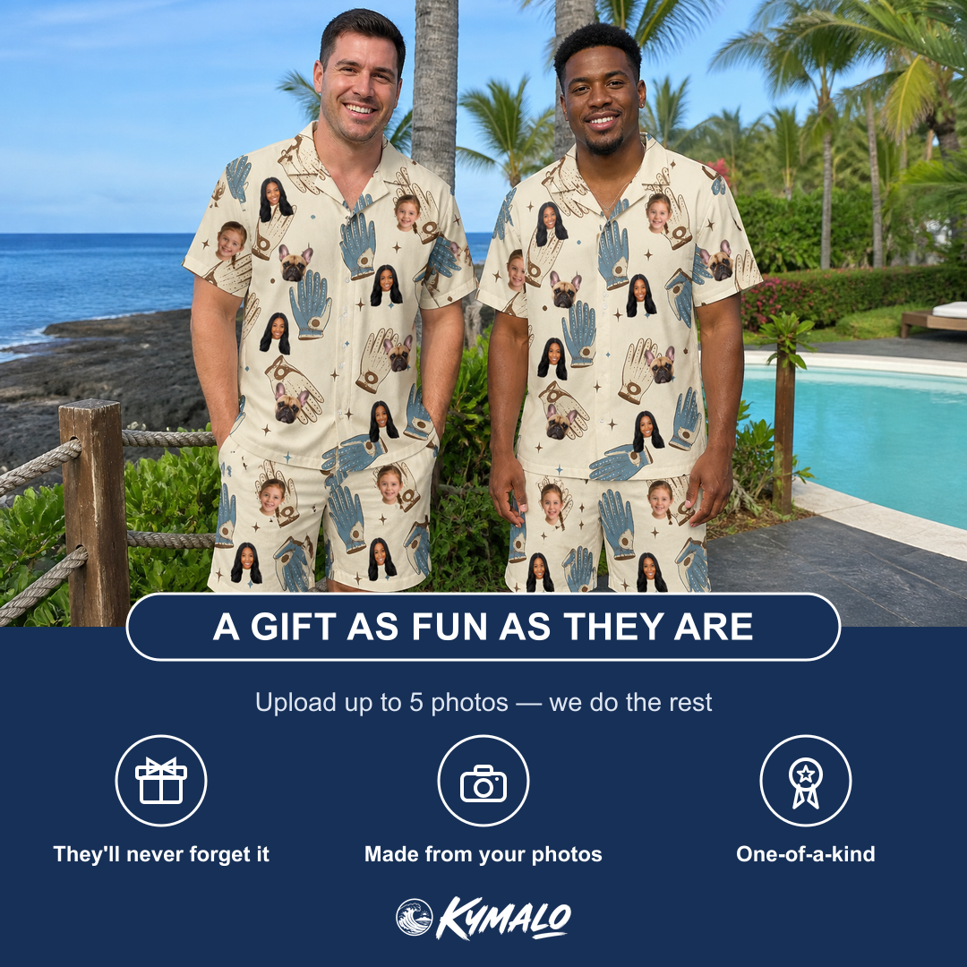 Friends in matching Men's Grip Happens Custom Face Shirt & Shorts Set — a group gift photo