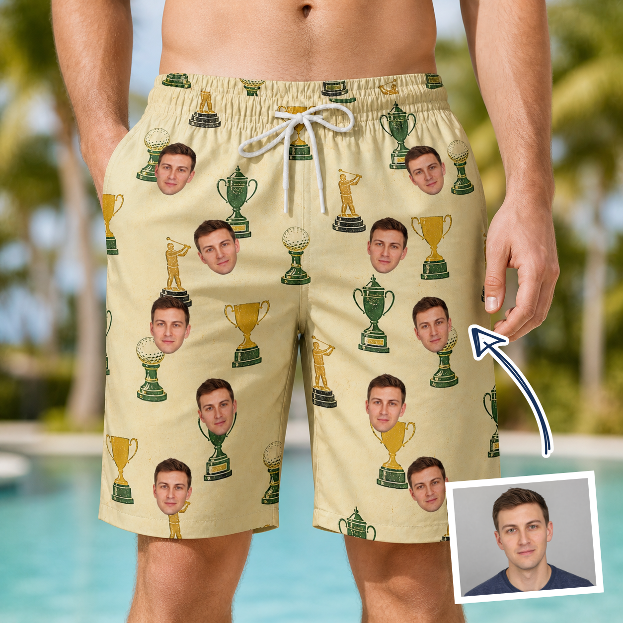 Man wearing Men's Putting Prizes Custom Face Beach Shorts — custom faces printed all-over