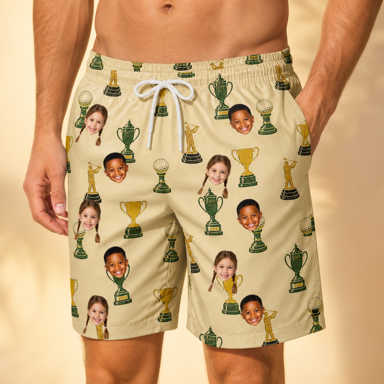 Model wearing Men's Putting Prizes Custom Face Beach Shorts printed with kids' faces