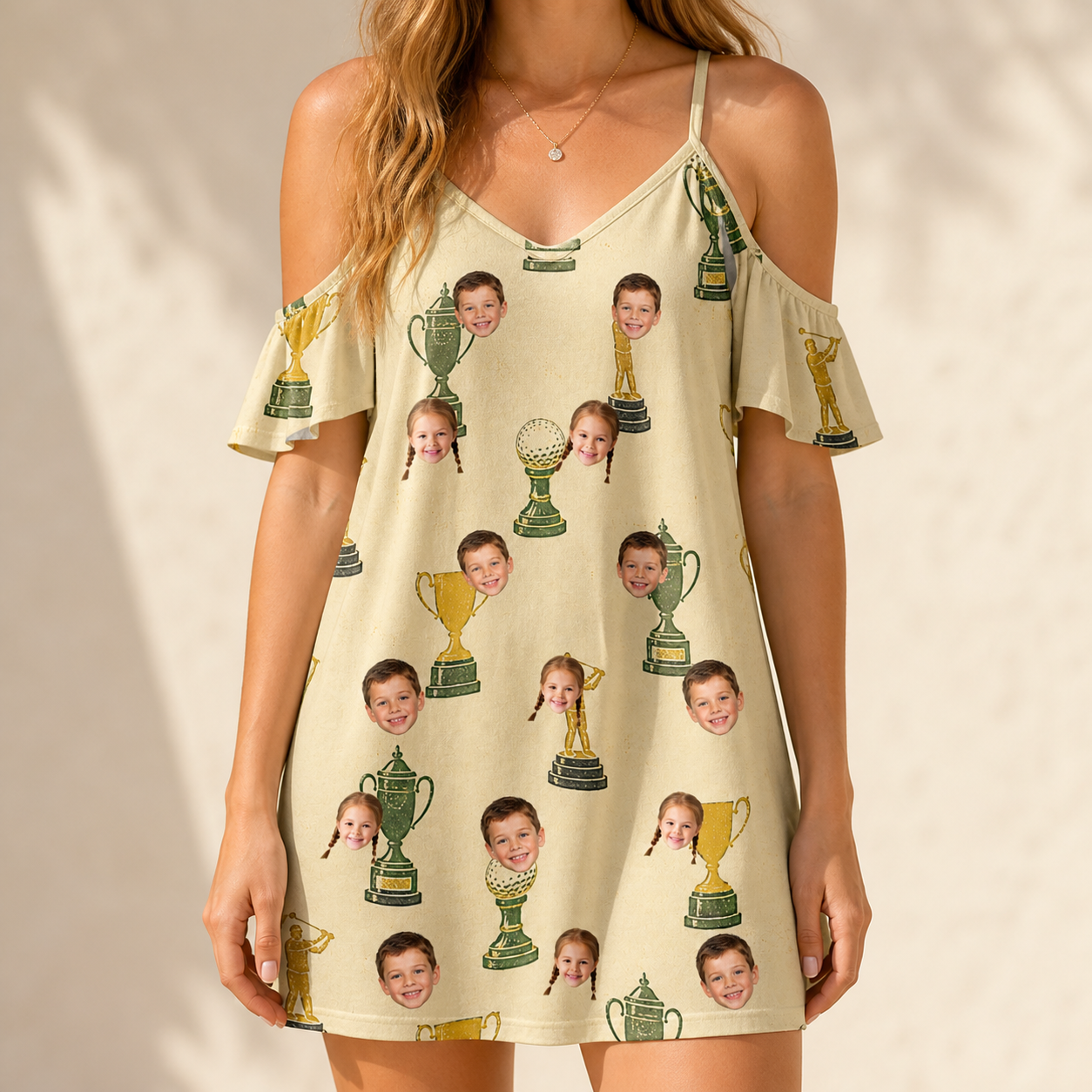 Model wearing Women's Putting Prizes Custom Face Off-Shoulder Dress printed with kids' faces
