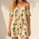 Model wearing Women's Putting Prizes Custom Face Off-Shoulder Dress printed with kids' faces