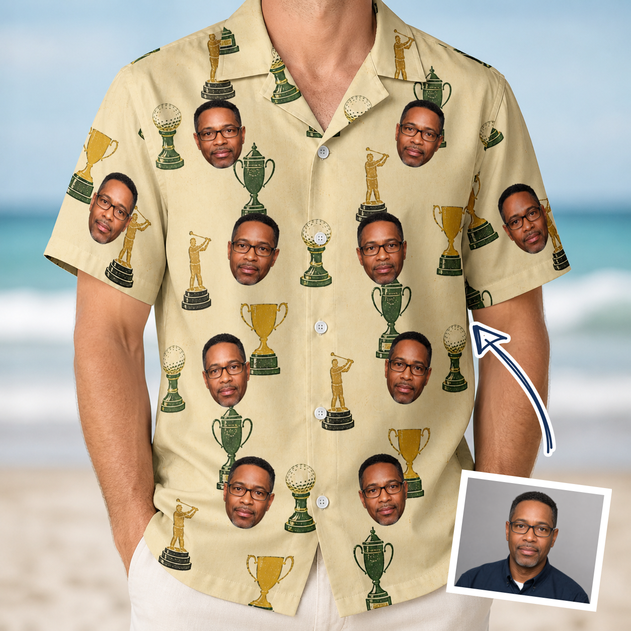 Man wearing Men's Putting Prizes Custom Face Hawaiian Shirt — custom faces printed all-over