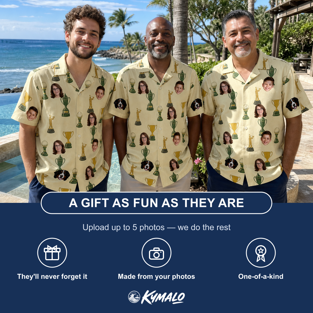 Friends in matching Men's Putting Prizes Custom Face Hawaiian Shirt — a group gift photo