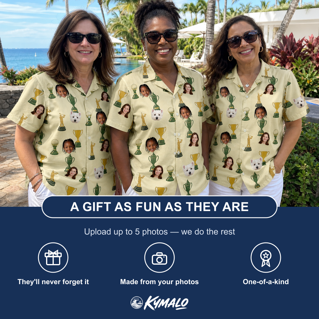 Friends in matching Women's Putting Prizes Custom Face Hawaiian Shirt — a group gift photo