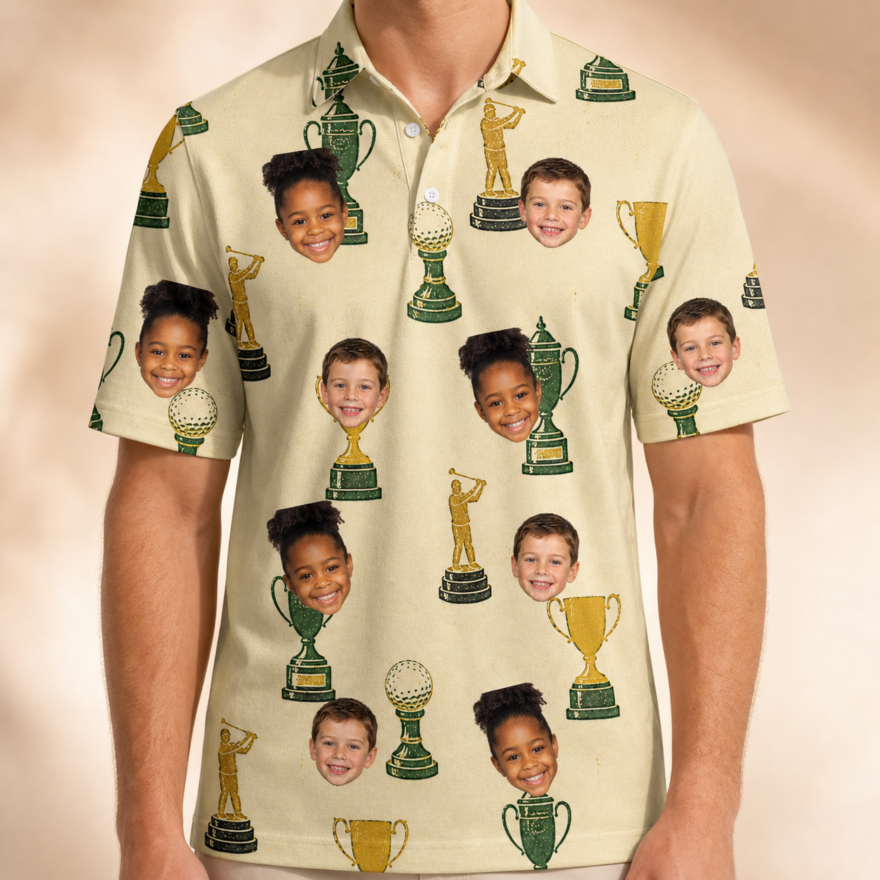 Model wearing Men's Putting Prizes Custom Face Polo Shirt printed with kids' faces
