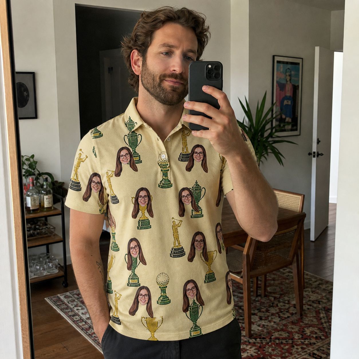 Real-life photo of someone wearing Men's Putting Prizes Custom Face Polo Shirt — custom faces printed all-over