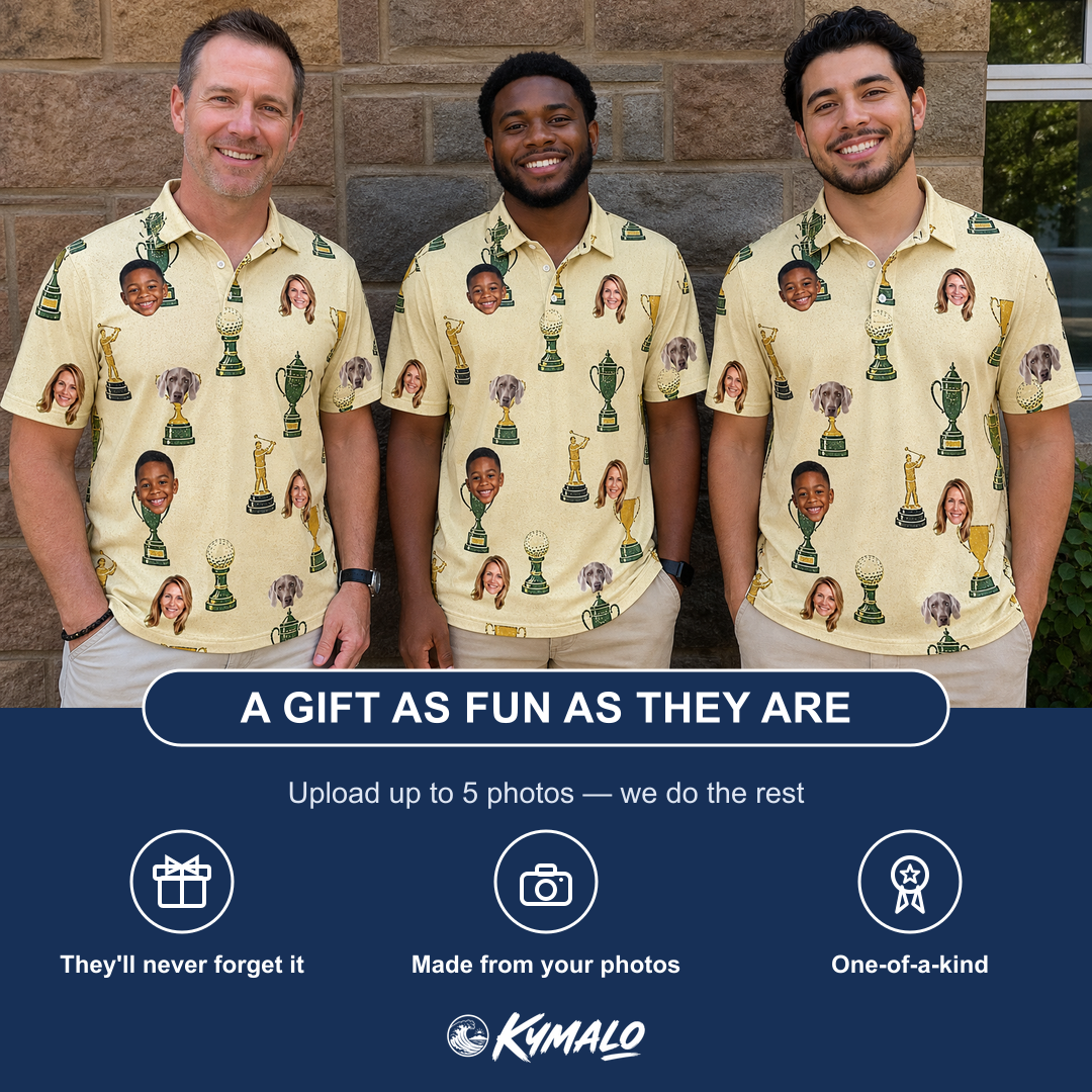 Friends in matching Men's Putting Prizes Custom Face Polo Shirt — a group gift photo