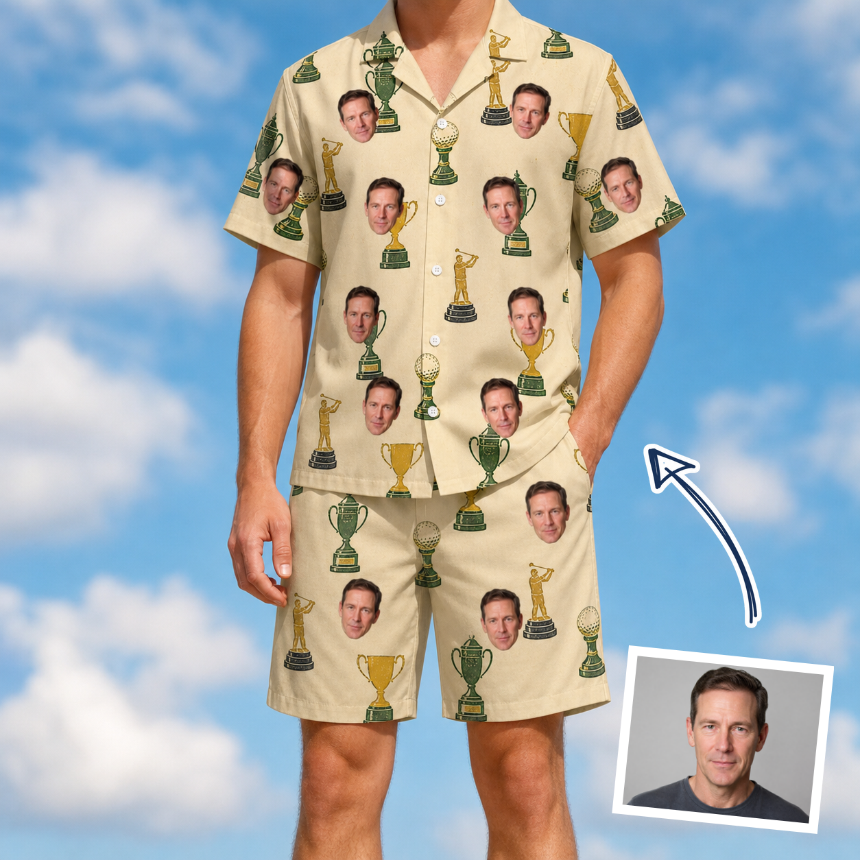 Man wearing Men's Putting Prizes Custom Face Shirt & Shorts Set — custom faces printed all-over