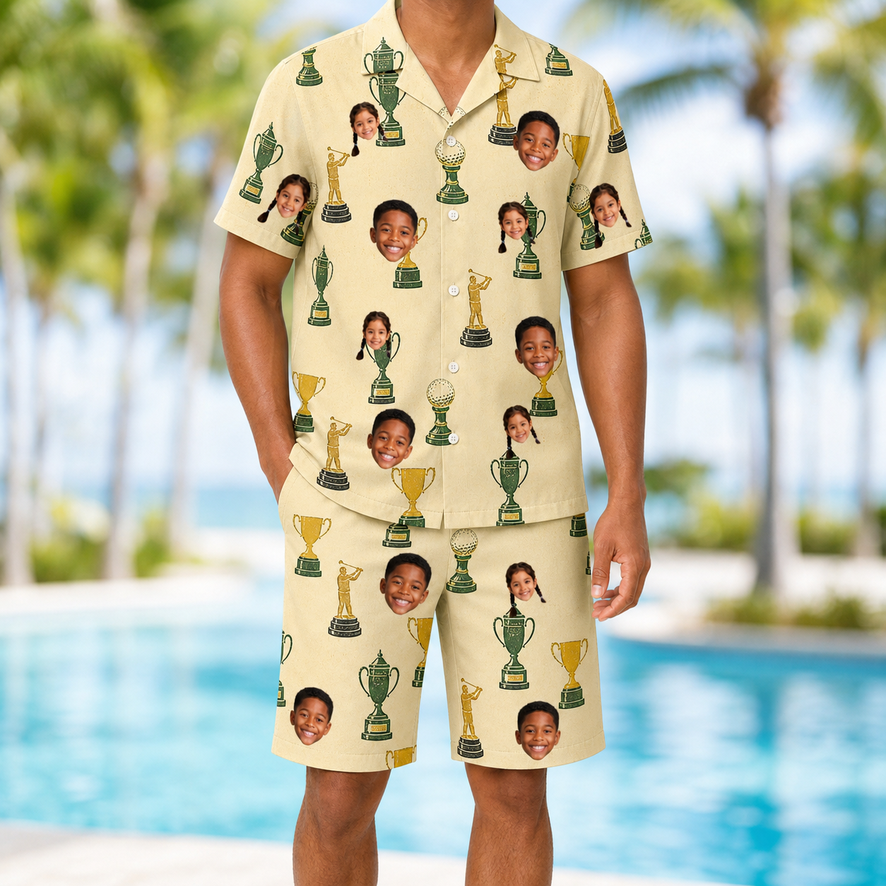 Model wearing Men's Putting Prizes Custom Face Shirt & Shorts Set printed with kids' faces
