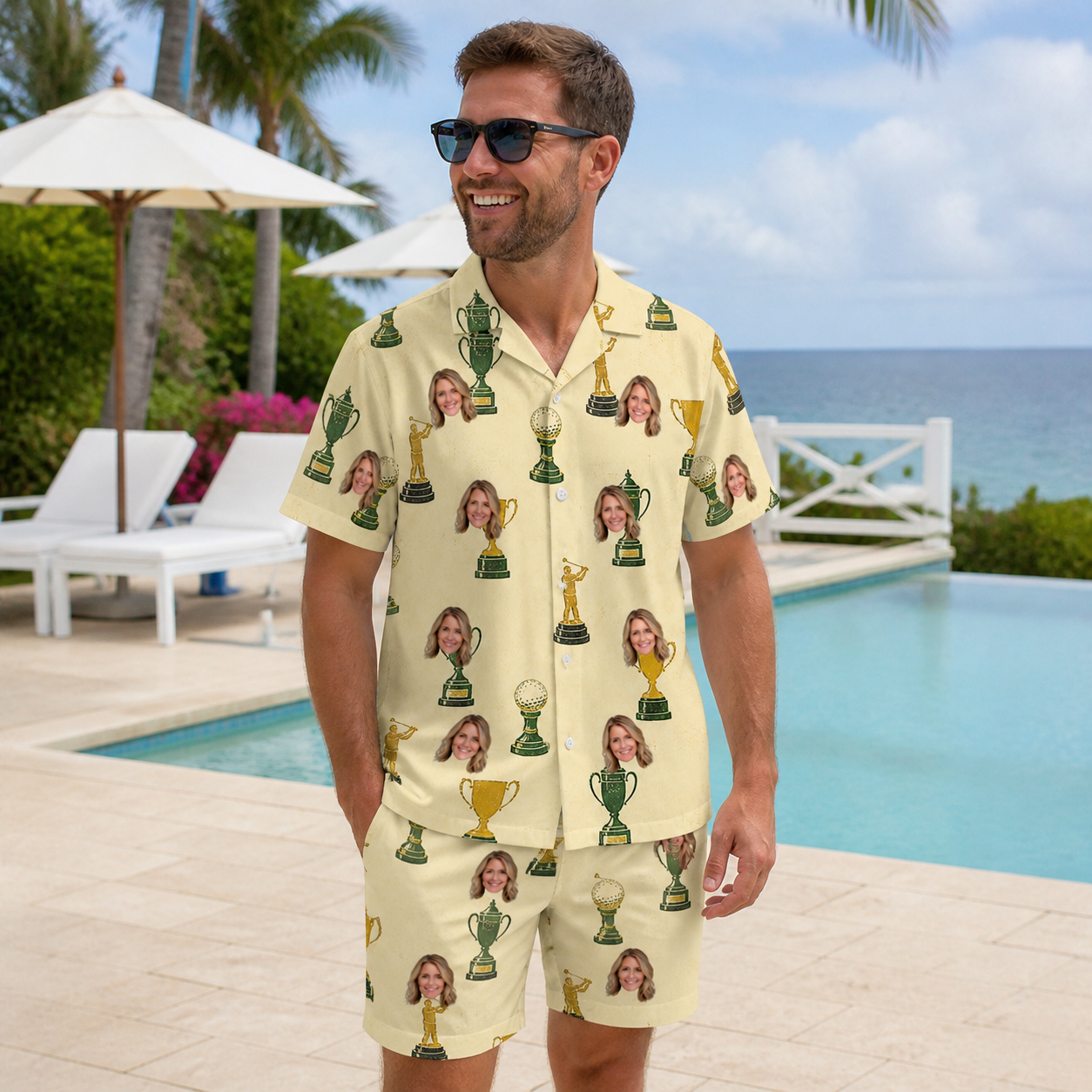 Real-life photo of someone wearing Men's Putting Prizes Custom Face Shirt & Shorts Set — custom faces printed all-over