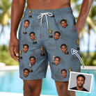 Man wearing Men's Ace Accolades Custom Face Beach Shorts — custom faces printed all-over
