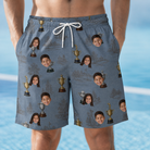 Model wearing Men's Ace Accolades Custom Face Beach Shorts printed with kids' faces