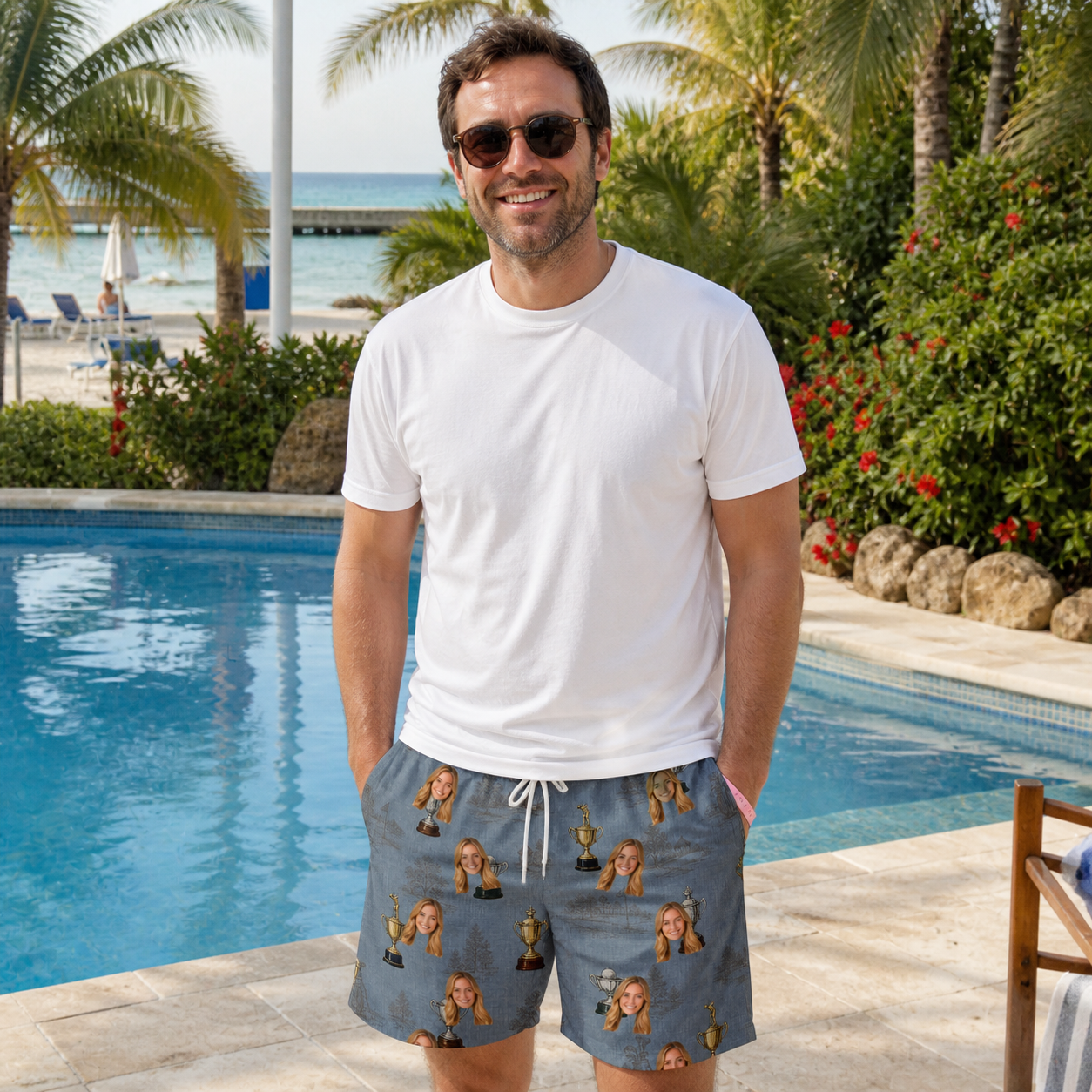 Real-life photo of someone wearing Men's Ace Accolades Custom Face Beach Shorts — custom faces printed all-over