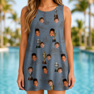 Model wearing Women's Ace Accolades Custom Face Tank Dress printed with kids' faces