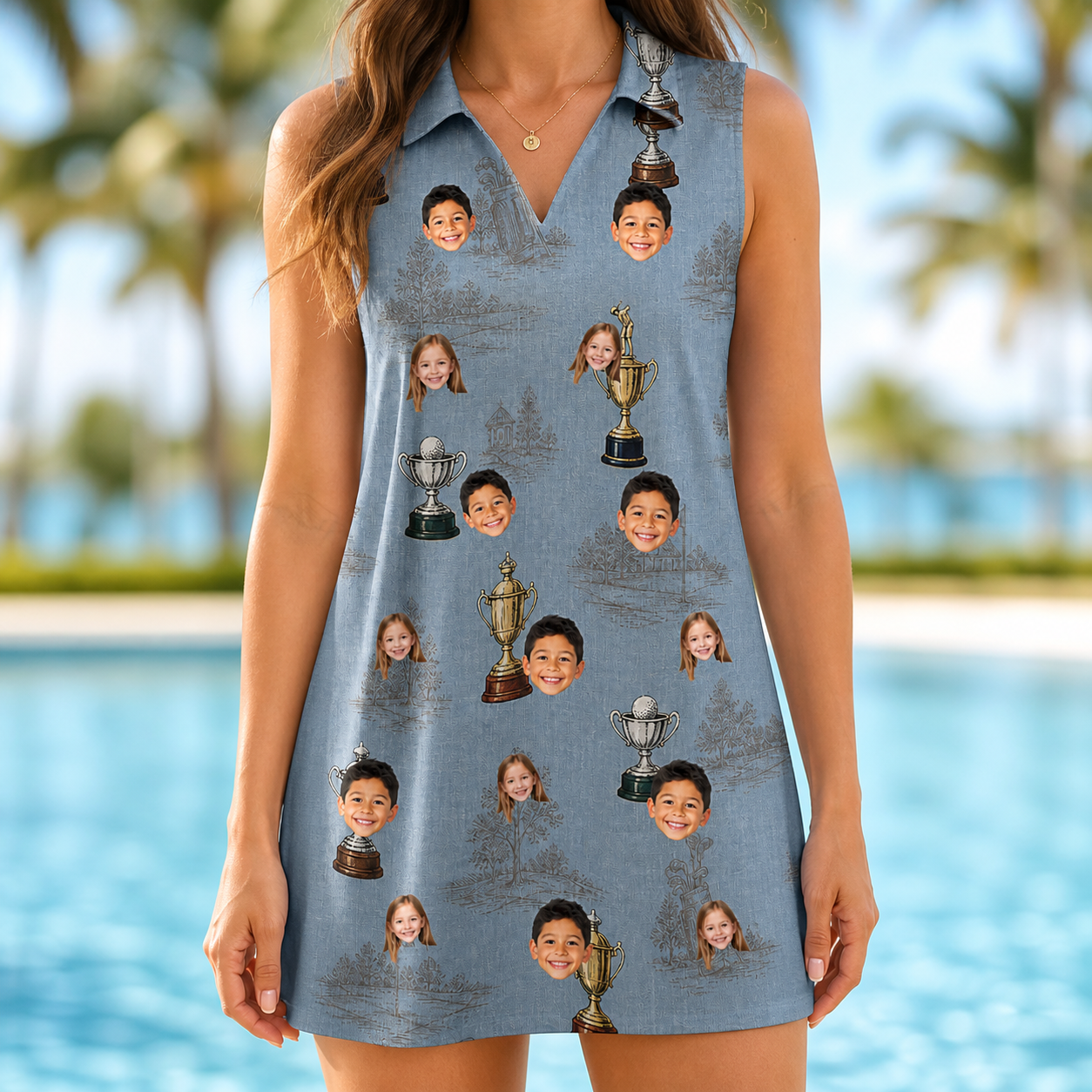 Model wearing Women's Ace Accolades Custom Face V-Neck Dress printed with kids' faces
