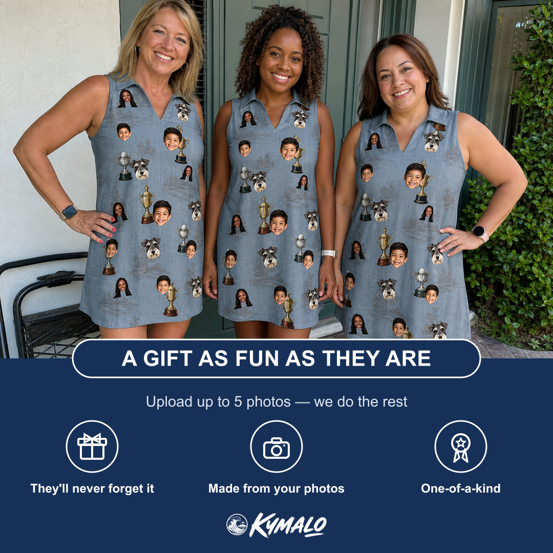 Friends in matching Women's Ace Accolades Custom Face V-Neck Dress — a group gift photo
