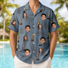 Model wearing Men's Ace Accolades Custom Face Hawaiian Shirt printed with kids' faces
