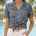 Woman wearing Women's Ace Accolades Custom Face Hawaiian Shirt tied at the waist