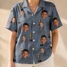 Model wearing Women's Ace Accolades Custom Face Hawaiian Shirt printed with kids' faces